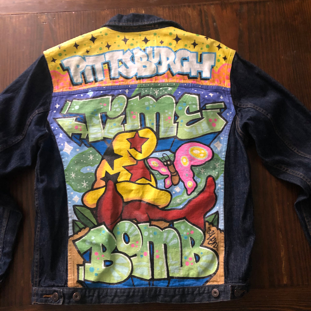 1 of 1 - Hand Painted  Timebomb  - 10-Deep - Mens Indigo Wash Denim Jacket Size XL